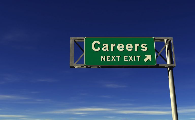 highway sign with careers, next left on it